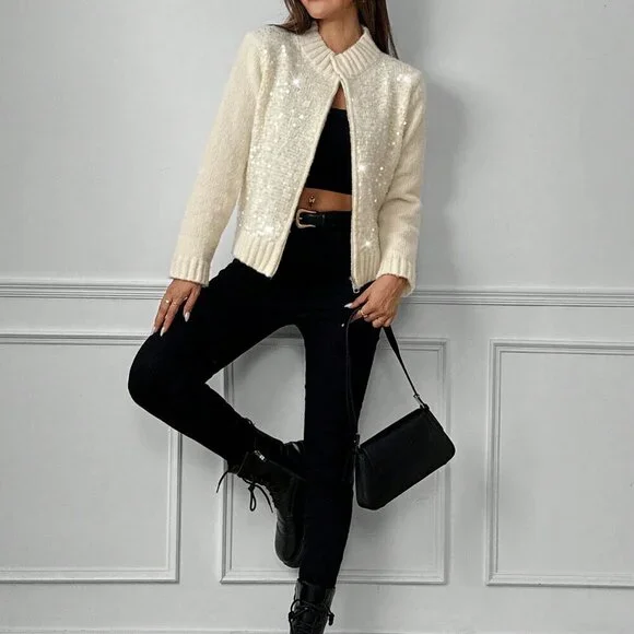 Apricot Casual Women's Fashion Sequin Knit Zip-Up Cardigan - Picture 4 of 6